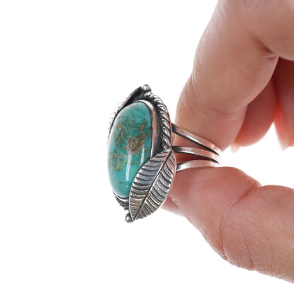 sz8 Vintage Native American turquoise silver feather ring