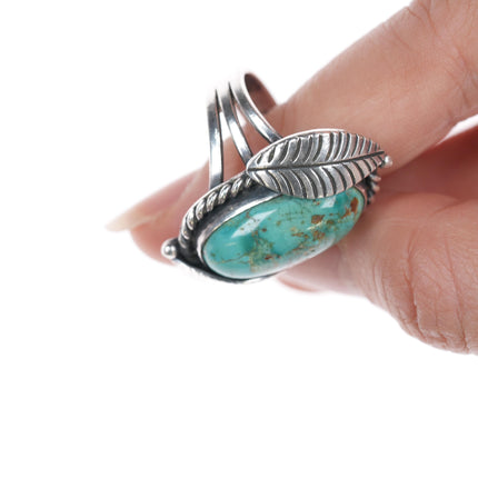 sz8 Vintage Native American turquoise silver feather ring