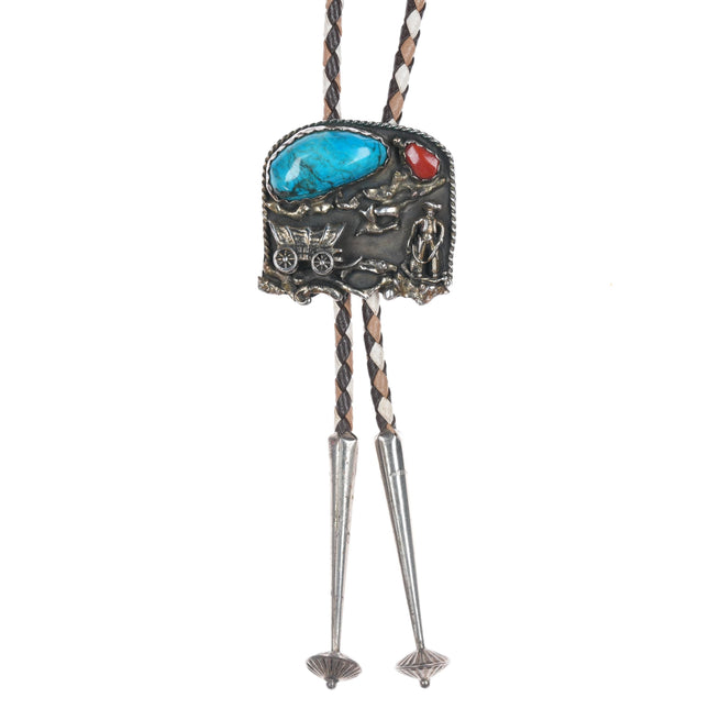 1970's Native American sterling turquoise, and coral cowboy bolo tie