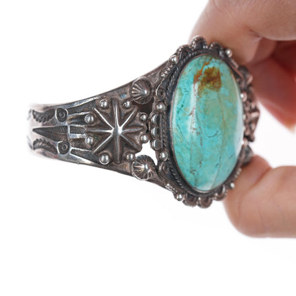 6 3/8" c1940's Navajo stamped silver cuff bracelet with large turquosie