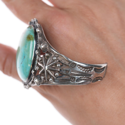 6 3/8" c1940's Navajo stamped silver cuff bracelet with large turquosie