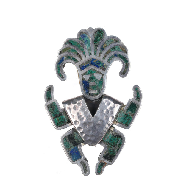 50's-60's Los Castillo sterling chrysocolla inlay aztec warrior pin