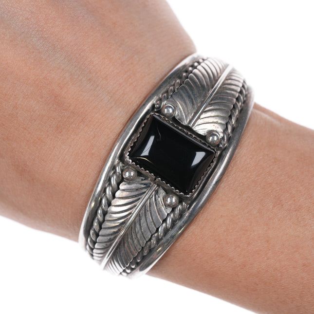 6" Native American sterling and onyx feather form cuff bracelet