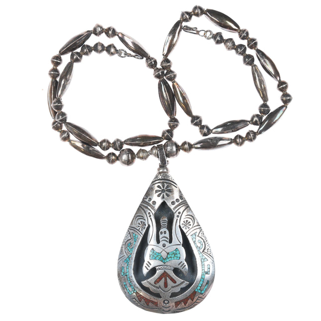 70's Vintage Navajo Silver Reversible Chip inlay turquoise and coral pendant necklace