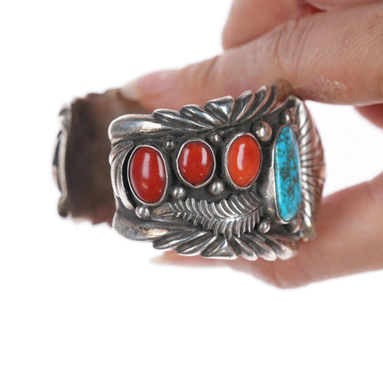 6" 1970's MF Native American silver, turquoise, and coral watch cuff w/timex