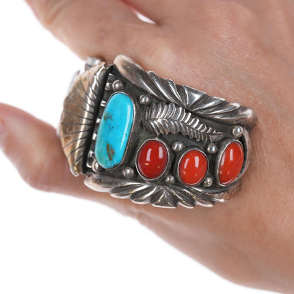 6" 1970's MF Native American silver, turquoise, and coral watch cuff w/timex