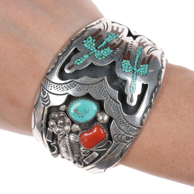 6 3/8" 1970's Navajo silver Chip inlay, turquoise, and coral cuff bracelet