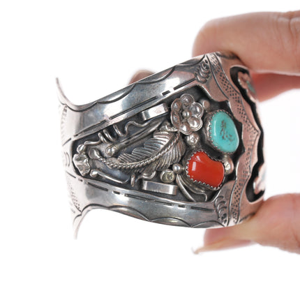 6 3/8" 1970's Navajo silver Chip inlay, turquoise, and coral cuff bracelet