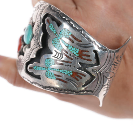 6 3/8" 1970's Navajo silver Chip inlay, turquoise, and coral cuff bracelet