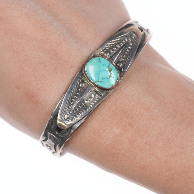 6.75" 30's-40's Navajo silver and turquoise bracelet with stars stampings