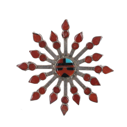 Vera Halusewa Zuni Sterling and coral channel inlay sunface pendant/pin