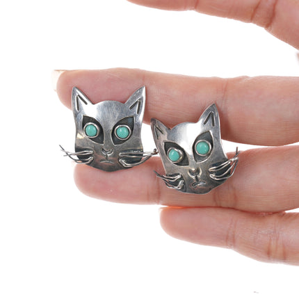 Mid Century Taxco Sterling cat pin/earrings with turquoise eyes