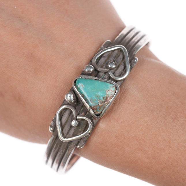 7" c1930's Navajo silver and turquoise hearts cuff bracelet