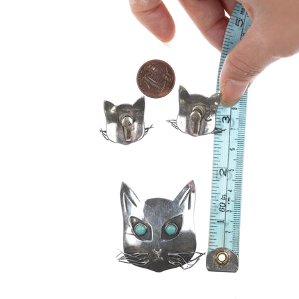 Mid Century Taxco Sterling cat pin/earrings with turquoise eyes