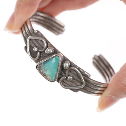 7" c1930's Navajo silver and turquoise hearts cuff bracelet