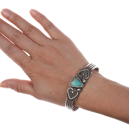 7" c1930's Navajo silver and turquoise hearts cuff bracelet