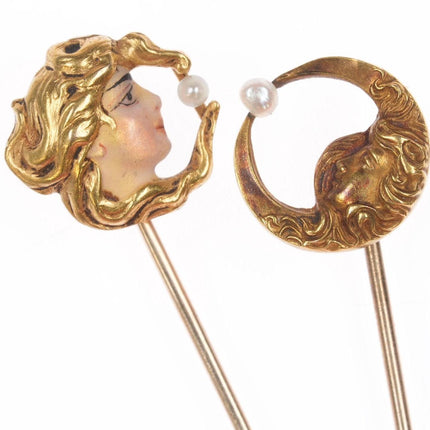 2 Art Nouveau 14k gold woman stickpins