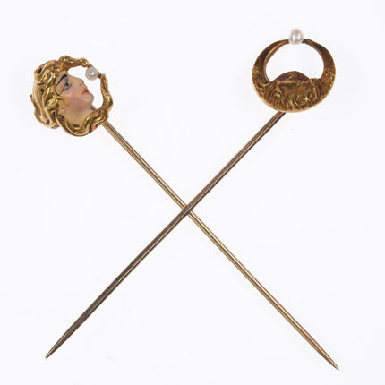 2 Art Nouveau 14k gold woman stickpins