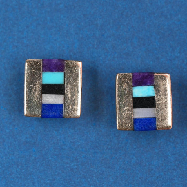 14k KS Sugilite, turquoise, lapis high grade channel inlay earrings