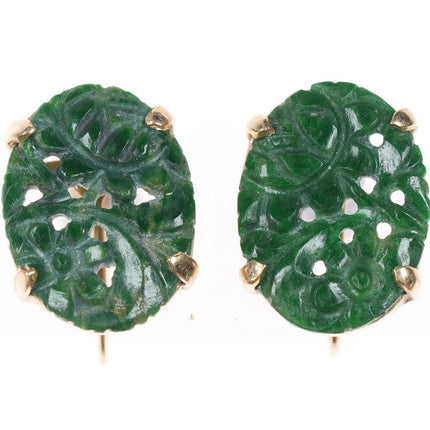 c1920's 14k gold carved spinach jade earrings