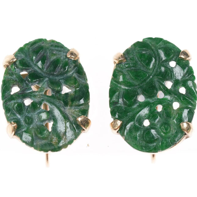 c1920's 14k gold carved spinach jade earrings