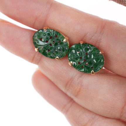 c1920's 14k gold carved spinach jade earrings