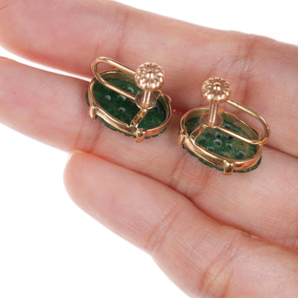 c1920's 14k gold carved spinach jade earrings