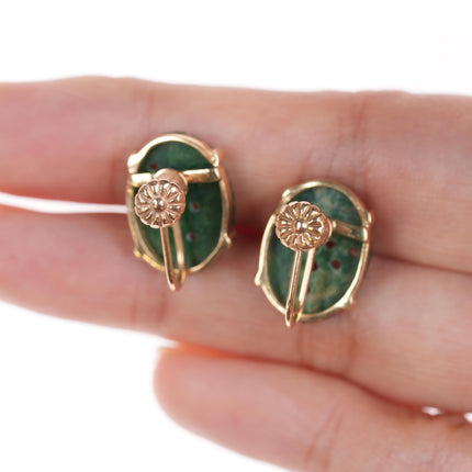 c1920's 14k gold carved spinach jade earrings