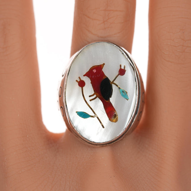 sz10.75 Large Vintage Zuni redbird inlay sterling ring