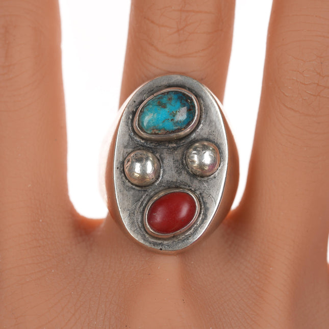 sz12.5 Vintage Native American Bisbee Turquoise and Coral sterling ring