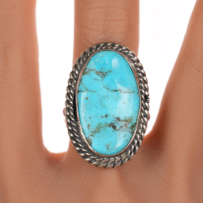 Sz11 Vintage Native American silver and turquoise ring with rope edge