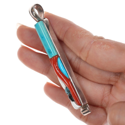 Veronica Poblano Zuni Turquoise and branch coral inlay sterling pendant