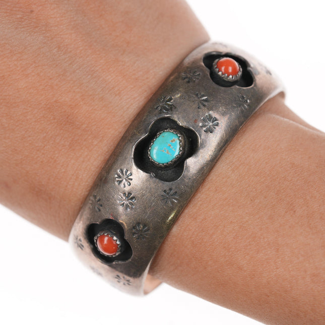 6 5/8" Vintage Navajo silver Shadowbox cuff bracelet with turquoise and coral