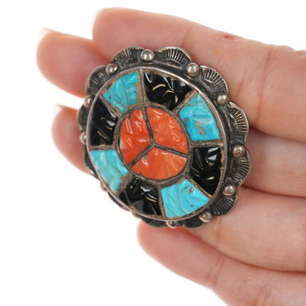 c1950's Zuni Silver carved turquoise, coral, and jet channel inlay pin