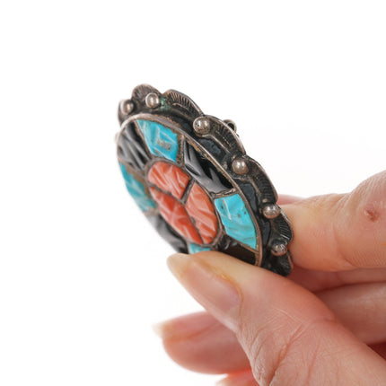 c1950's Zuni Silver carved turquoise, coral, and jet channel inlay pin