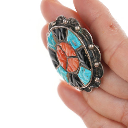 c1950's Zuni Silver carved turquoise, coral, and jet channel inlay pin