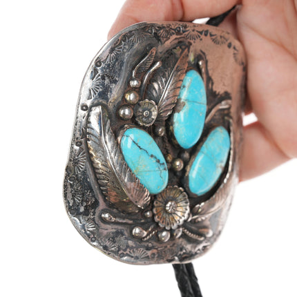 Large 1970's Native American silver and turquoise bolo tie