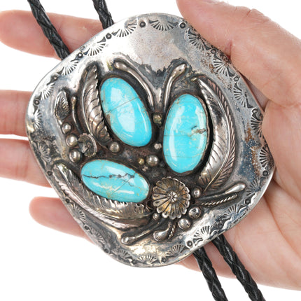 Large 1970's Native American silver and turquoise bolo tie