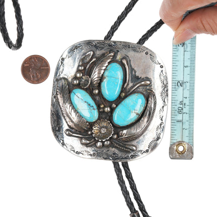 Large 1970's Native American silver and turquoise bolo tie