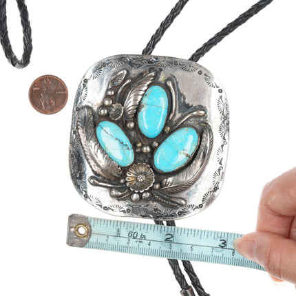 Large 1970's Native American silver and turquoise bolo tie