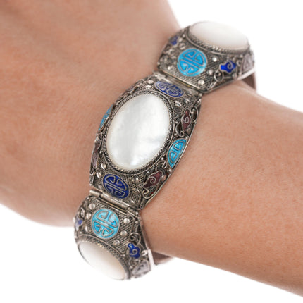 6 7/8" Vintage Chinese Silver enamel filigree Mother of pearl bracelet