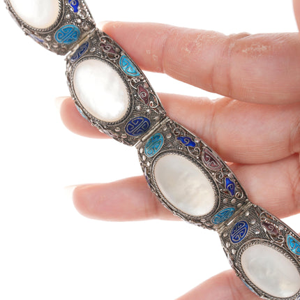 6 7/8" Vintage Chinese Silver enamel filigree Mother of pearl bracelet