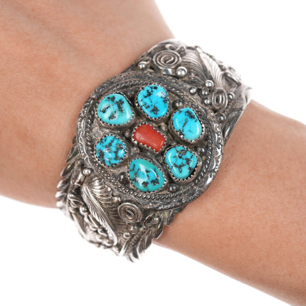 6 3/8" Navajo Silver Turquoise and coral cluster cuff bracelet with leafwork