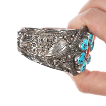 6 3/8" Navajo Silver Turquoise and coral cluster cuff bracelet with leafwork