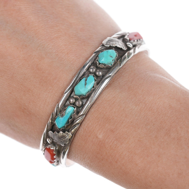 6.5" Vintage Lasiloo Zuni Sterling Carved Coral and Turquoise cuff bracelet