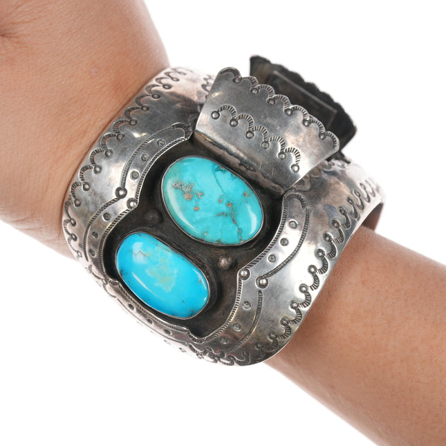 6.75" Large Mae G Navajo 50's-60's Watch cuff bracelet with turquoise