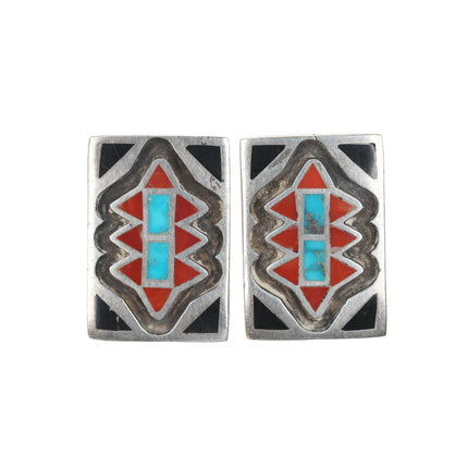 50's-60's Zuni Flush inlay Sterling Turquoise, Coral, and Jet modernist cufflinks