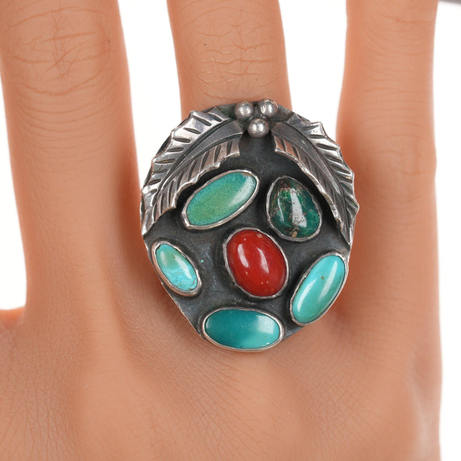 sz6 Vintage Native American silver turquoise, coral xmassy ring