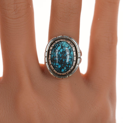 sz6.25 Vintage Navajo high grade spiderweb turquoise silver ring with fancy bezel