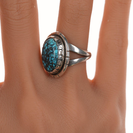 sz6.25 Vintage Navajo high grade spiderweb turquoise silver ring with fancy bezel